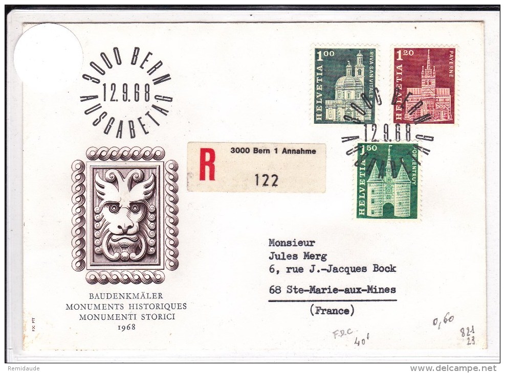 SUISSE - 1968 - ENVELOPPE FDC RECOMMANDEE De BERN - VIGNETTE AU DOS - FDC