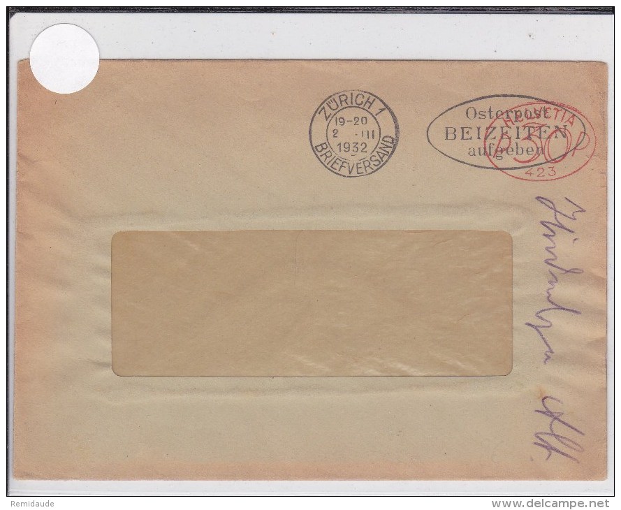 SUISSE - 1932 - ENVELOPPE Avec TIMBRE MECANIQUE De ZÜRICH - Affranchissements Mécaniques