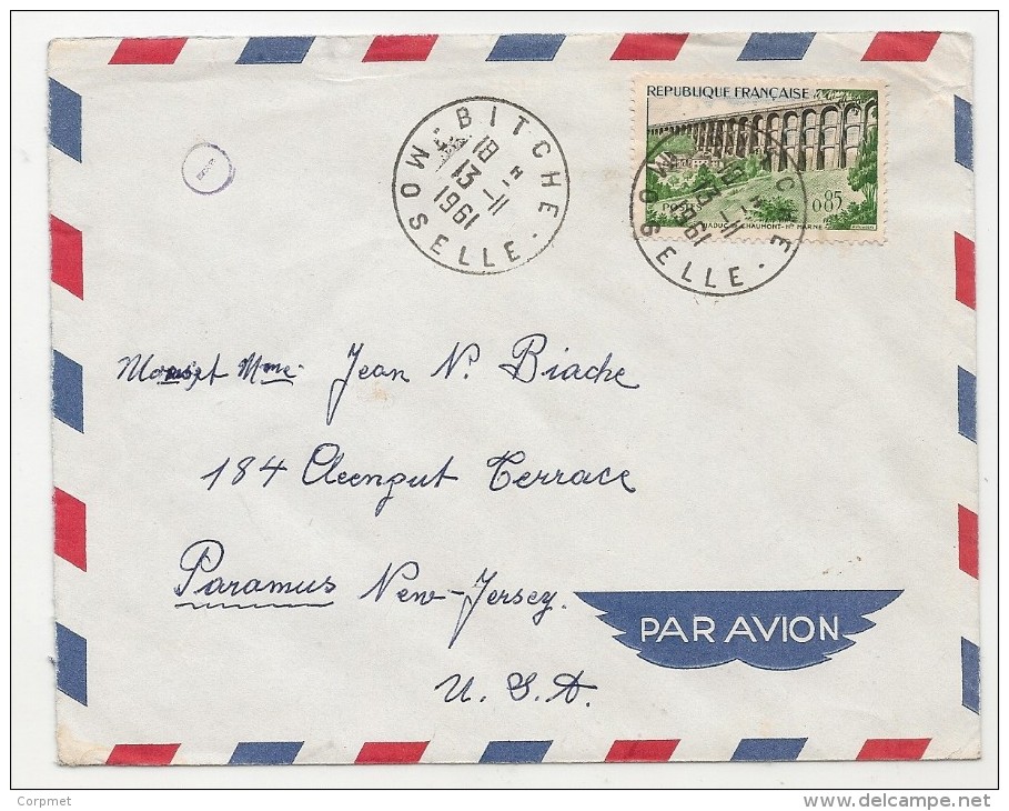 FRANCE - 1961 Vf COVER From BITCHE To PARAMUS , USA  - Yvert # 1240 Viaduc De Chaumont - Solo Stamp - Covers & Documents