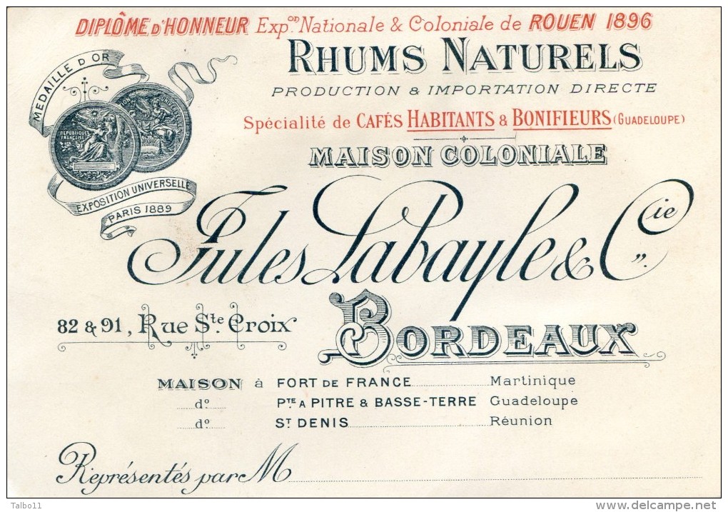 Carte De Visite - Maison Coloniale Jules Labayle - Bordeaux  - Rhums Naturels (scans R V ) - Alcohol