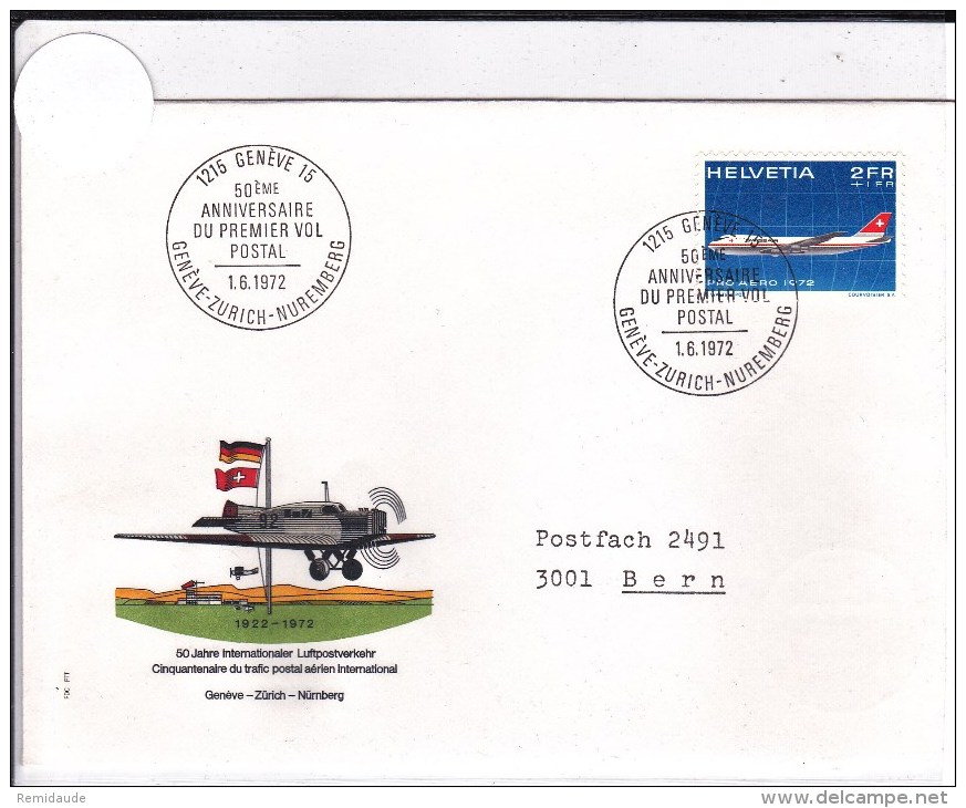 SUISSE - 1972 - ENVELOPPE + OBLITERATION SPECIALE Des 50 ANS Du 1° VOL POSTAL GENEVE-ZURICH-NUREMBERG - Erst- U. Sonderflugbriefe