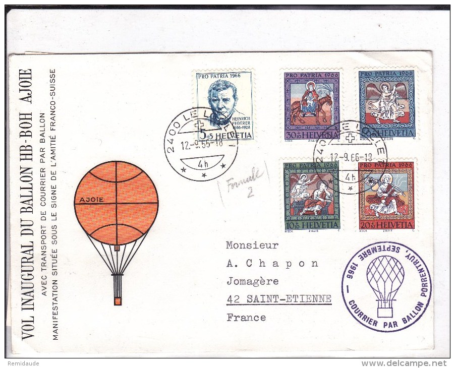 SUISSE - 1966 - ENVELOPPE Par BALLON "AJOIE" De PORRENTRUY - 2° FORMULE (SERIE PRO-PATRIA) - Autres & Non Classés