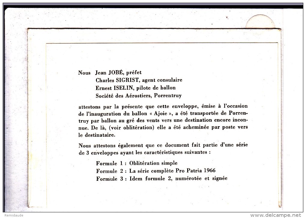 SUISSE - 1966 - ENVELOPPE Par BALLON "AJOIE" De PORRENTRUY - 2° FORMULE (SERIE PRO-PATRIA) - Autres & Non Classés