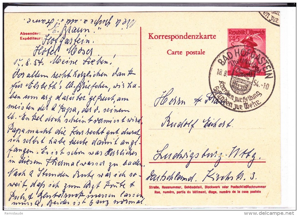 AUTRICHE - 1954 - CARTE ENTIER POSTAL De BAD HOFGASTEIN - Autres & Non Classés