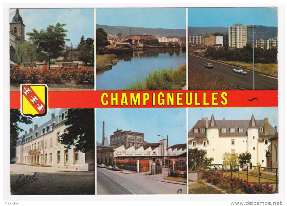 Champigneulles - Multivue 6 Vues Et Blason (Eglise, Port, Autoroute, Mairie, Usine Coca-Cola, Château) Circulé 1975 - Autres & Non Classés