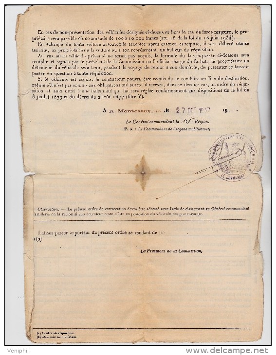 DOCUMENT 1937 -REQUISITION DES AUTOMOBILES - ORDRE DE CONVOCATION  -CALUIRE RHONE - Documents