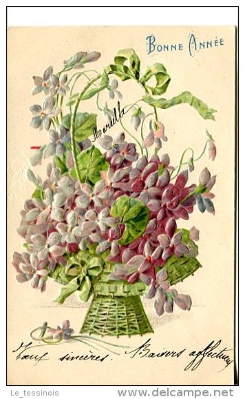 Bonne Année - Carte Gaufrée - Bouquet De Violettes Dans Corbeille - Nouvel An