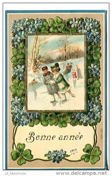 Bonne Année - Carte Gaufrée - Enfants Faisant Du Patin à Glace Dans Cadre De Trèfle à 4 Feuilles - Nouvel An