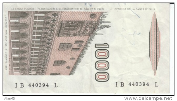 Italy #109a 1000 Lire 1982 Banknote Banca D'Italia - 1000 Lire