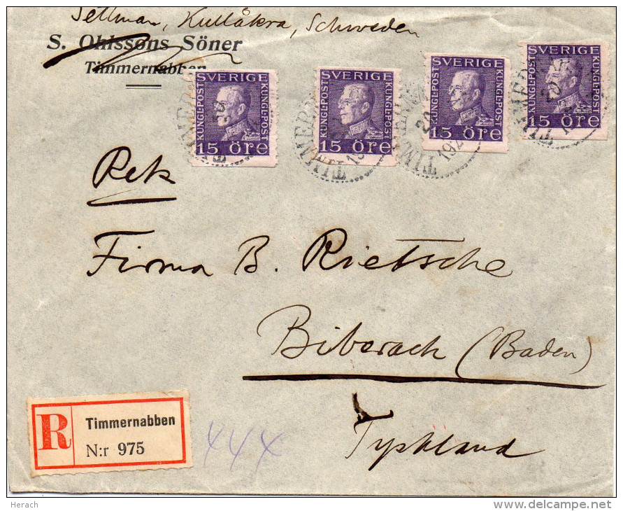 SUEDE LETTRE RECOMMANDEE POUR L'ALLEMAGNE 1924 - 1920-1936 Franqueo I