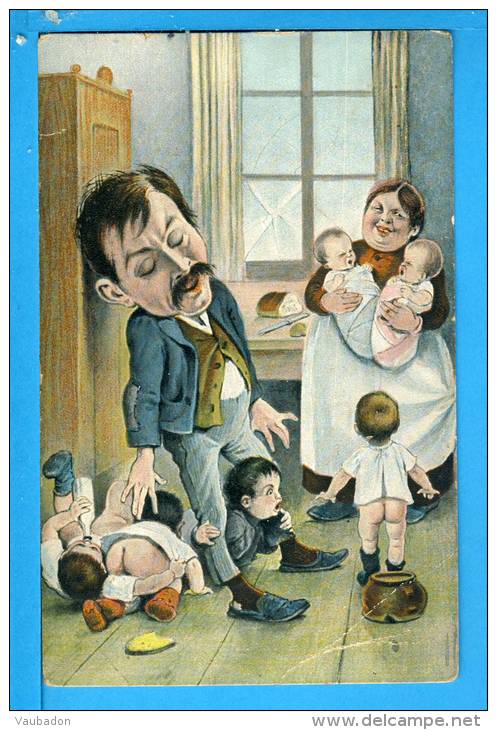 CP, Caricature De Couple Débordé Par De Nombreux Enfants, Voyagé En 1906 - Humour