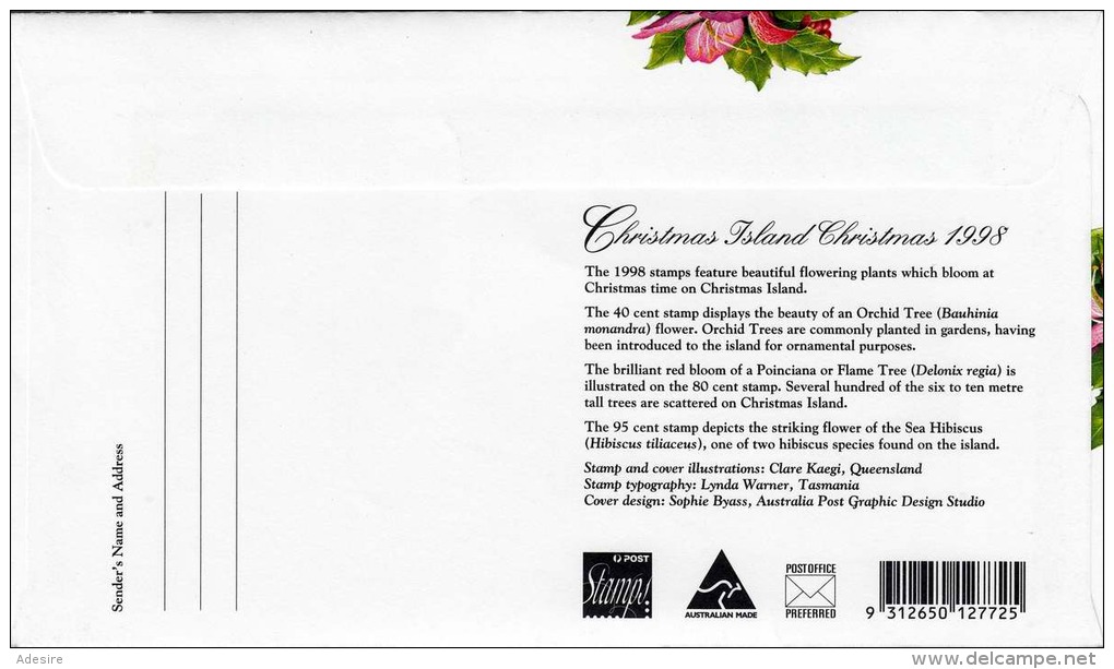 CHRISTMAS ISLAND 1998, First Day Of Issue, 3 Fach Frankierung Auf Schmuckbrief - Christmas Island