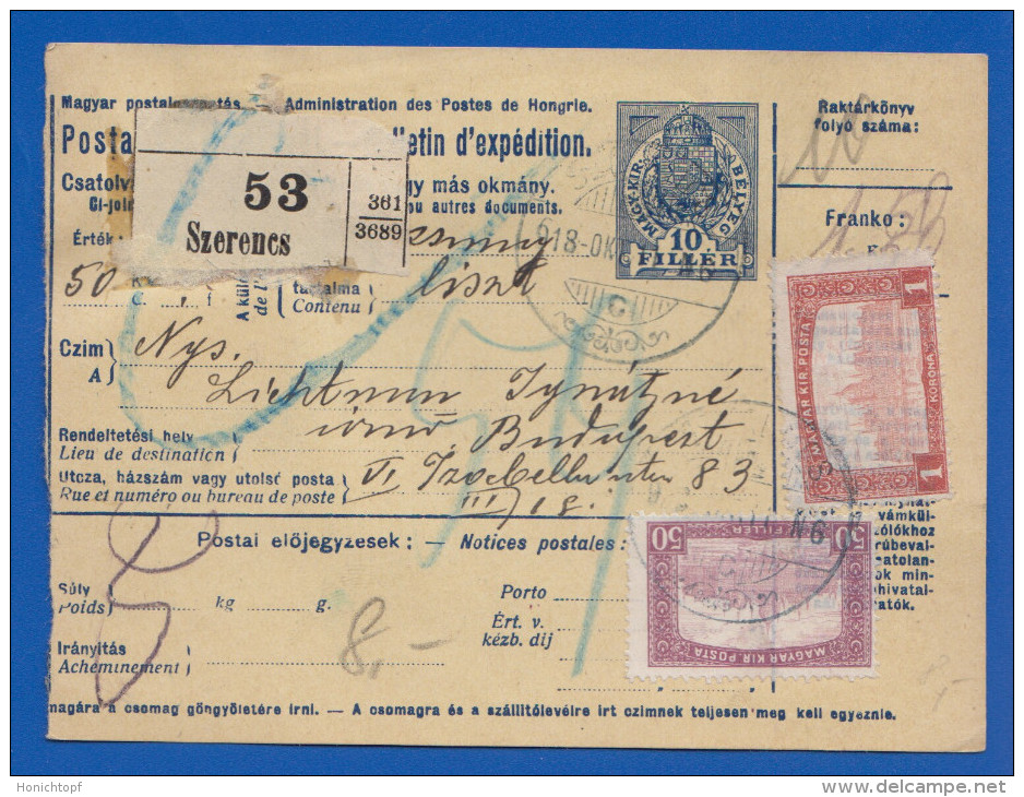 Ungarn; PC Bulletin Expédition 10 Filler; 1918 Einschreiben, Recommande, Registered Von Szerencs Nach Budapest - Storia Postale