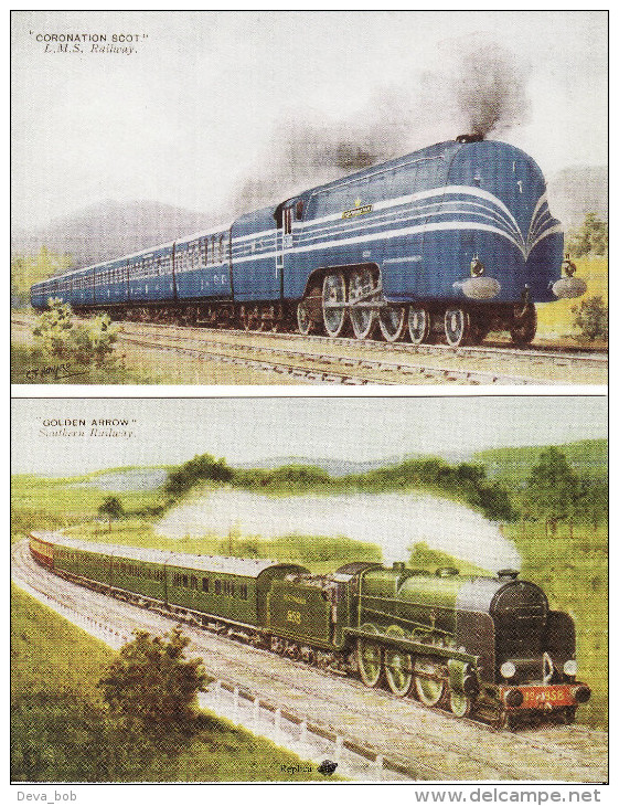 Railway Postcard LMS 6220 Coronation Scot + SR Lord Nelson 858 Golden Arrow Loco - Trains