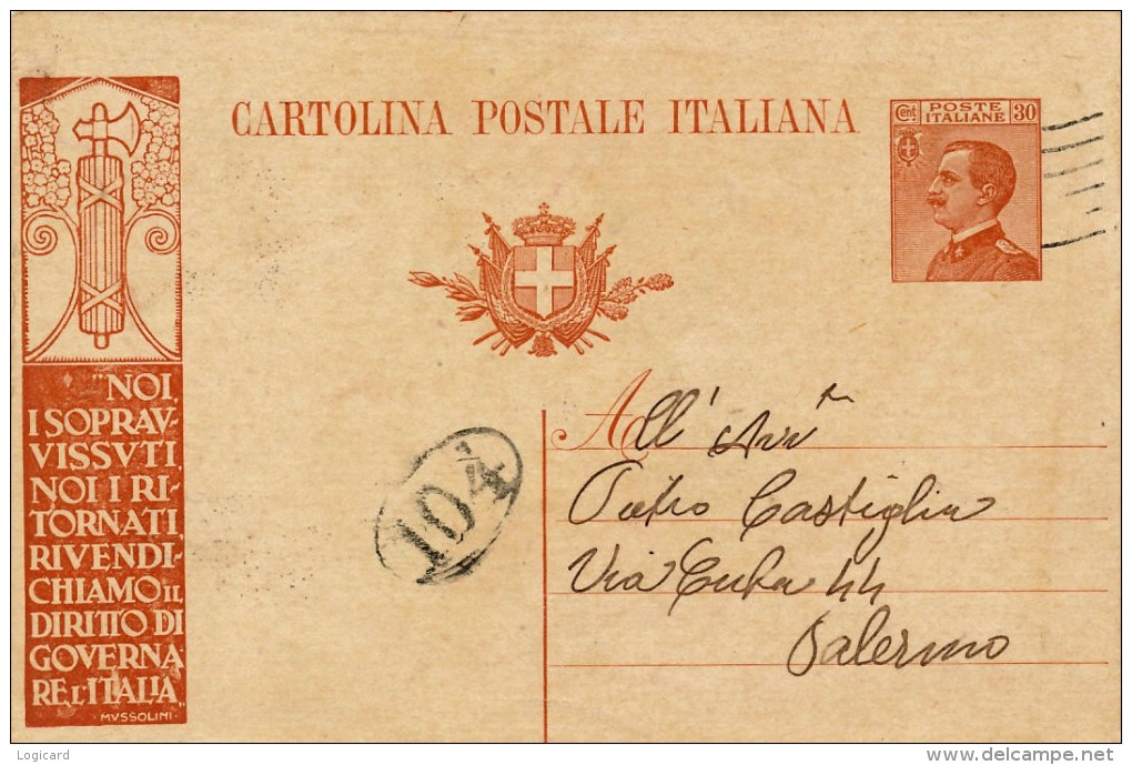 1924 INTERO POSTALE CENT. 30 PISA - PALERMO PROPAGANDA DI MUSSOLINI - Interi Postali