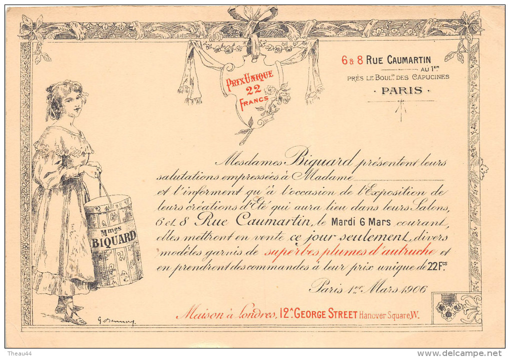 Carte D'Invitation De La Maison BIQUARD, Rue Caumartin PARIS Pour La Présentation De Modèles Garnis De Plumes D'Autruche - Mode