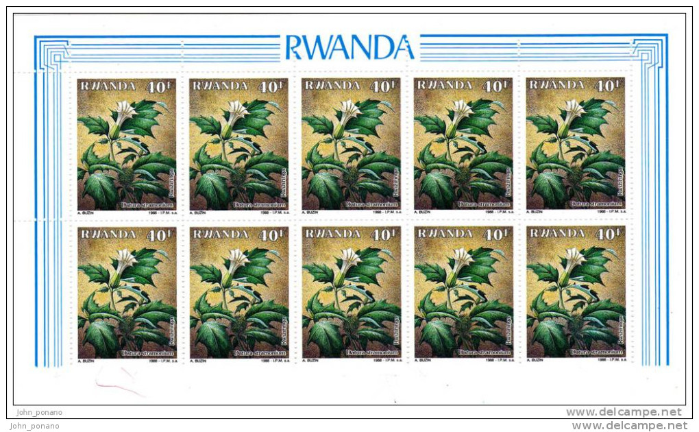 Bloc Block  ** De 10 Timbres Of 10 Stamps Plante Médicinale  Medicinal Plant Datura Rwanda 1988 - Autres & Non Classés