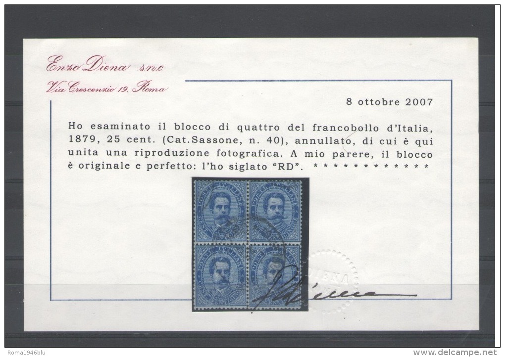 REGNO 1879 UMBERTO I 25 CENT.QUARTINA ANNULLI ORIGINALI CERT. DIENA - Usati