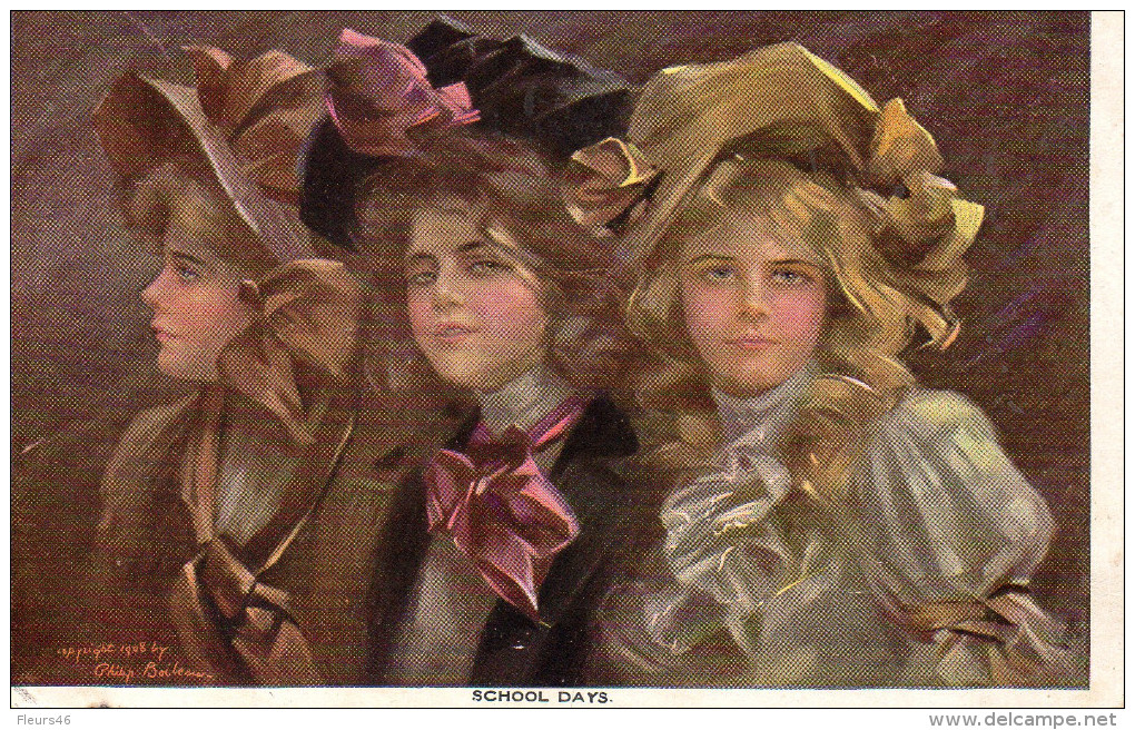 Signée Philip BOILEAU 1908 : Trois Jeunes écolières . SCHOOL DAYS - Boileau, Philip