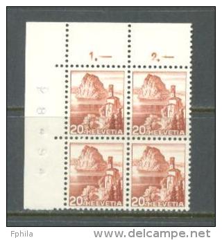 1948 SWITZERLAND DEFINITIVE 20C. MICHEL: 502 BLOCK OF 4 MNH ** - Ungebraucht