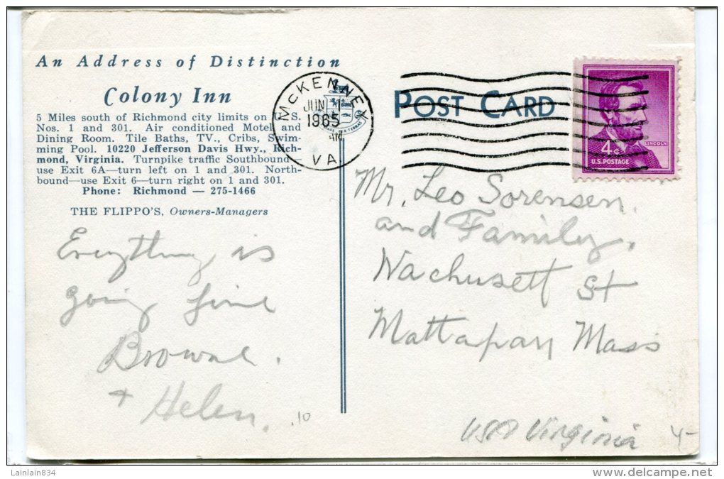 - Colony Inn MOTEL - Near RICHMOND - écrite En 1965, Splendide, Beau Timbre, TBE, Scans. - Otros & Sin Clasificación