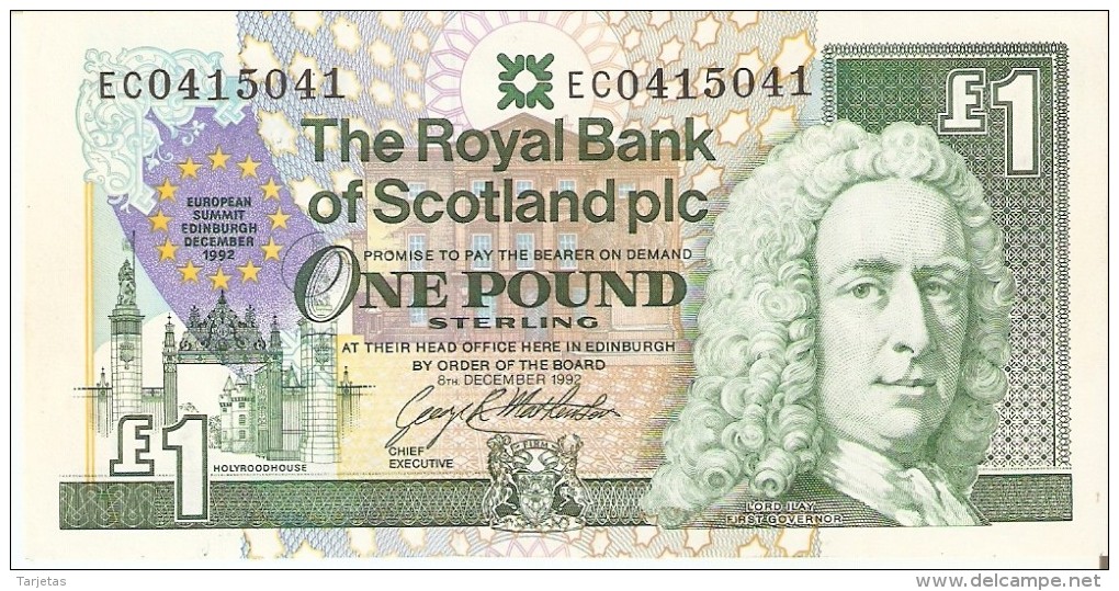 BILLETE DE ESCOCIA DE 1 POUND DEL AÑO 1992  (BANKNOTE) CONMEMORATIVO EUROPEAN SUMMIT 1992 - 1 Pound