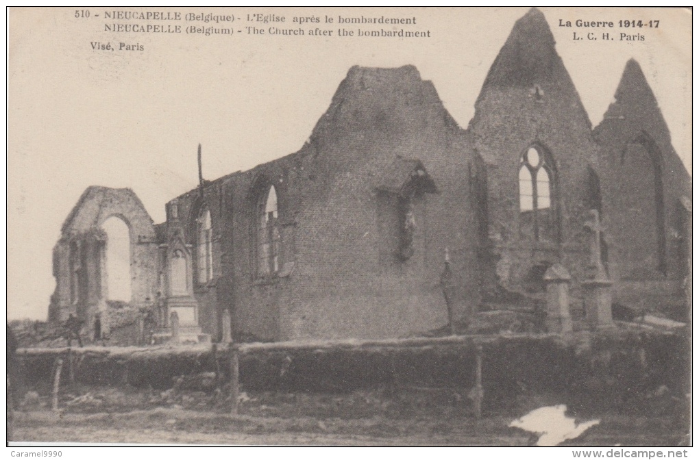 Nieuwkapelle      Ruines Van De Kerk       Guerre    1914- 1918 WO I         Scan 6383 - Guerre 1914-18