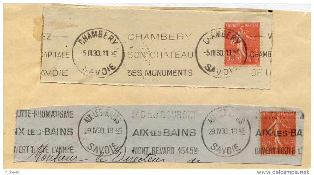 1930--AIX LES BAINS Et CHAMBERY--Oblitérations Mécaniques Sur Fragment De Lettres Collés Sur Feuille - Oblitérations Mécaniques (Autres)