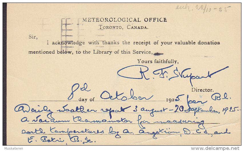 Canada Postal Stationery Ganzsache Entier Private Print METEOROLOGICAL OFFICE, Toronto 1925 To Sweden (2 Scans) - 1903-1954 De Koningen