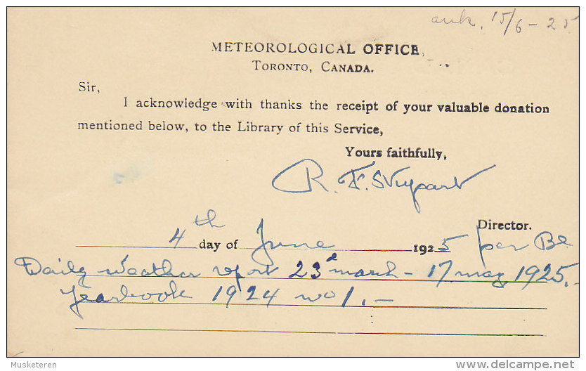 Canada Postal Stationery Ganzsache Entier Private Print METEOROLOGICAL OFFICE, Toronto 1925 To Sweden (2 Scans) - 1903-1954 Könige