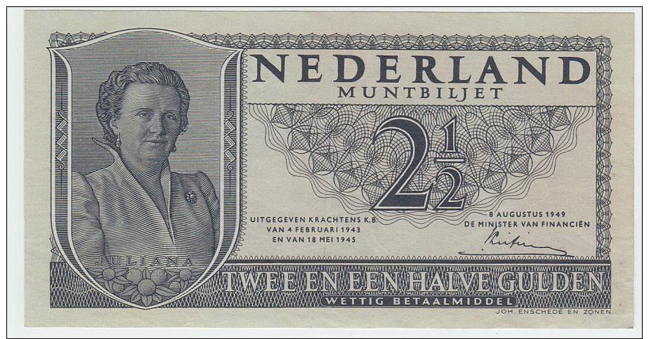 Netherlands 1949 2 1-2 Guilder Gulden Queen Juliana (Muntbiljet) - After Wartime Banknotes - XF Condition - 2 1/2 Gulden