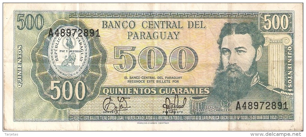 BILLETE DE PARAGUAY DE 500 GUARANIES DEL AÑO 1952  (BANKNOTE) - Paraguay