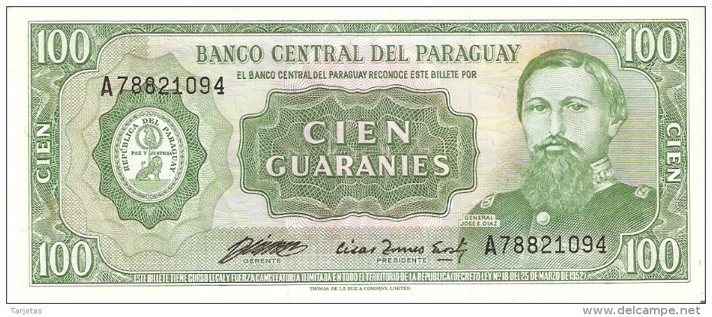 BILLETE DE PARAGUAY DE 100 GUARANIES DEL AÑO 1952  (BANKNOTE) SIN CIRCULAR-UNCIRCULATED - Paraguay