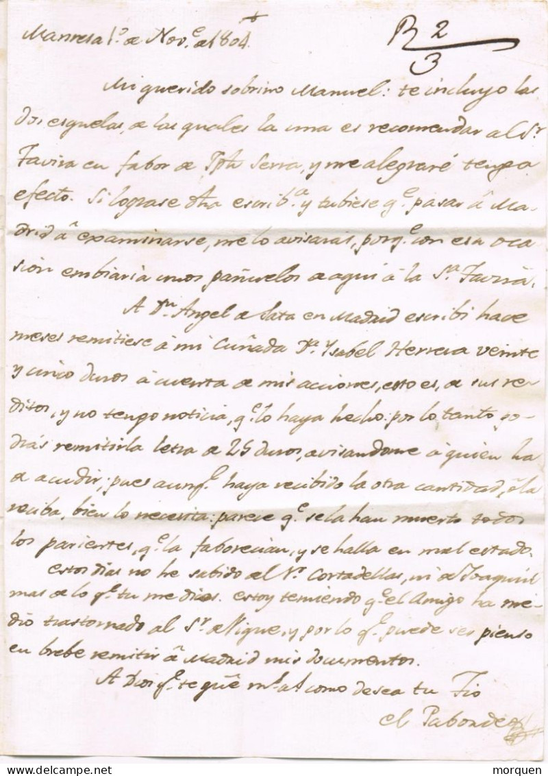 7261. Carta Entera Pre Filatelica MANRESA 1804. Lujo - ...-1850 Préphilatélie