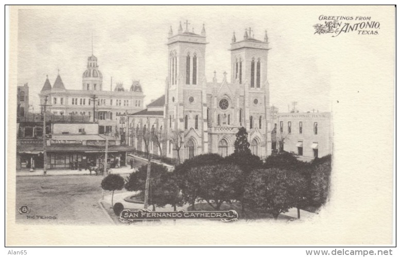 San Antonio TX Texas, San Fernando Cathedral Church Architecture, Horse Drawn Carriage, C1900s Vintage Postcard - San Antonio