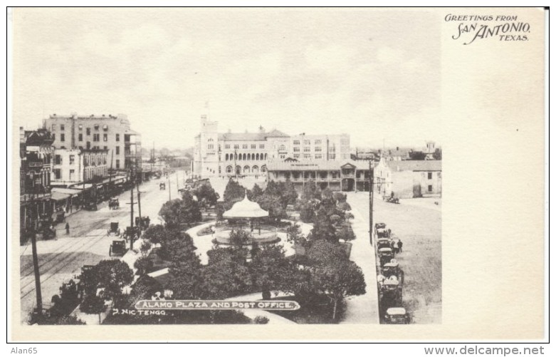 San Antonio TX Texas, Alamo Plaza &amp; Post Office, Town Square Gazebo Park, C1900s Vintage Postcard - San Antonio