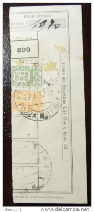 BOLOGNA PIAZZA MALPIGHI -1937 27 Gennaio ANNULLO SU FASCETTA DI RICEVUTA  PACCHI POSTALI  2 LIRE+ 50 CENT - Colis-postaux