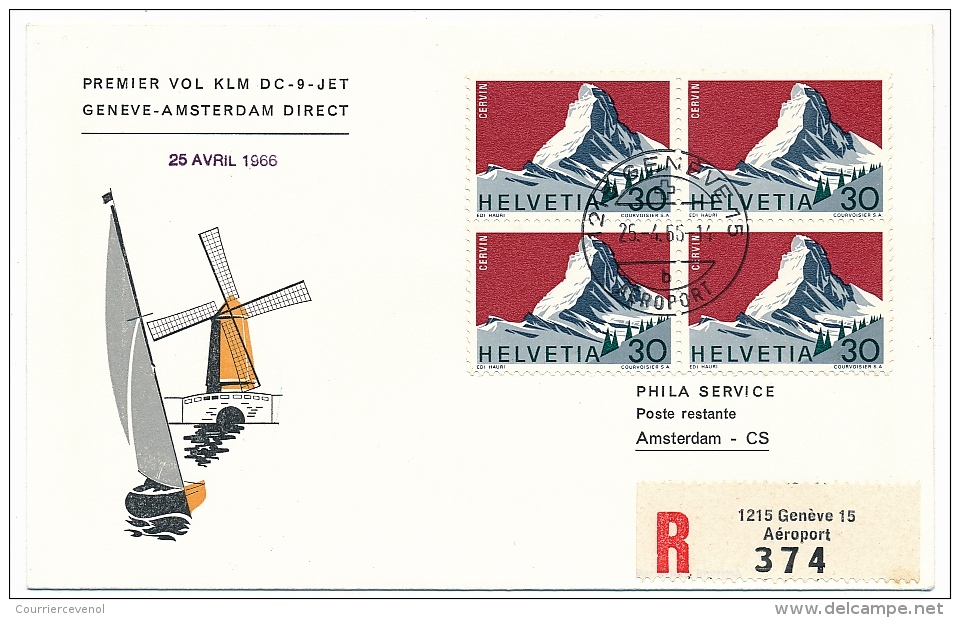 Suisse / Pays Bas - Premier Vol KLM DC 9 Jet GENEVE AMSTERDAM Direct 25 Avril 1966 - 2 Enveloppes - First Flight Covers