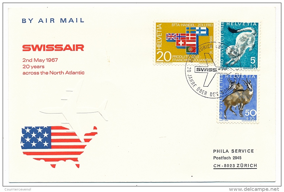 Suisse / Liechtenstein - 20 Ans Au Dessus De L'Atlantique Nord- 2 Mai 1967 - 3 Enveloppes - Erst- U. Sonderflugbriefe