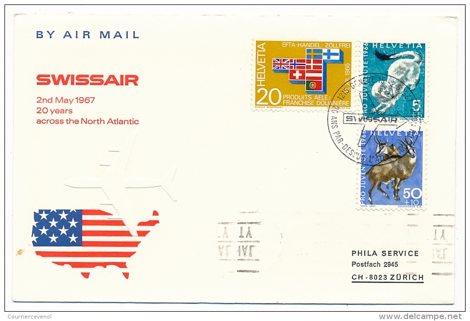 Suisse / Liechtenstein - 20 Ans Au Dessus De L'Atlantique Nord- 2 Mai 1967 - 3 Enveloppes - Primi Voli