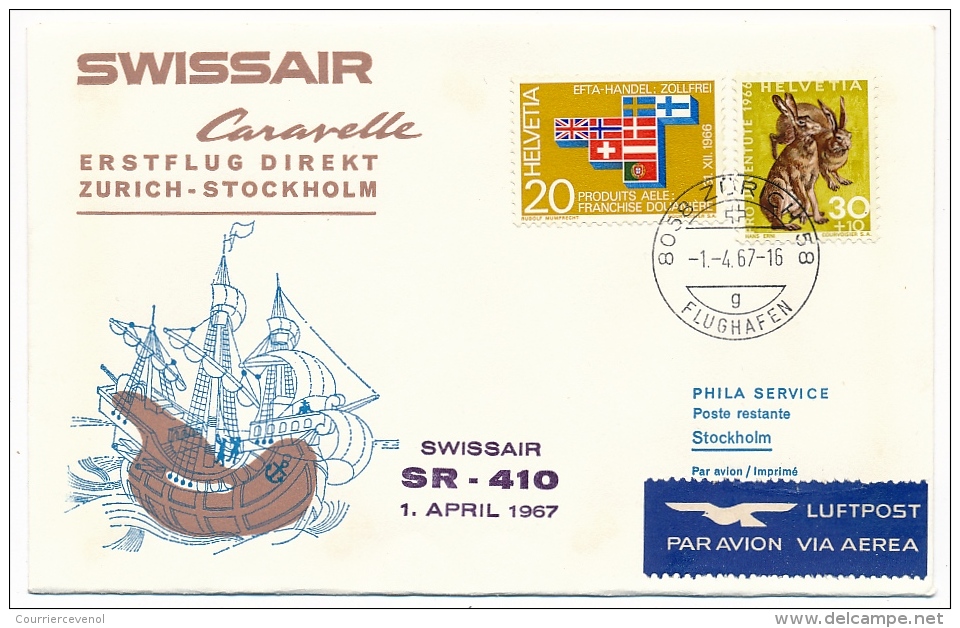 Suisse / Liechtenstein/ Suède - Premier Vol Caravelle Swissair - Zurich Stokholm - 1/4/1967 - 3 Enveloppes - Eerste Vluchten
