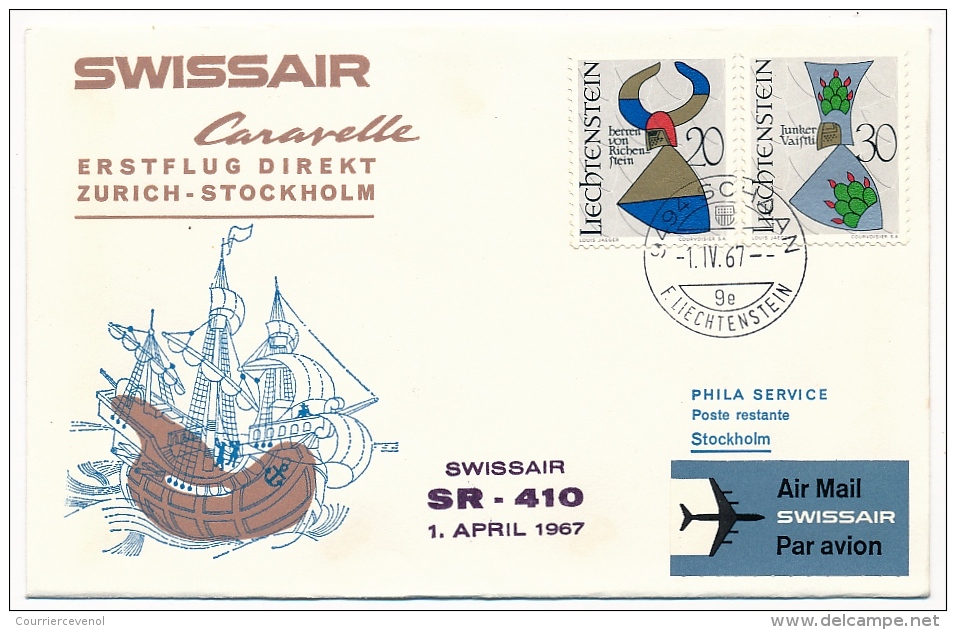 Suisse / Liechtenstein/ Suède - Premier Vol Caravelle Swissair - Zurich Stokholm - 1/4/1967 - 3 Enveloppes - Primi Voli