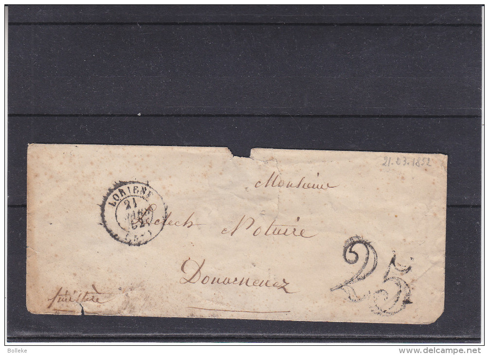 France - Lettre De 1852 - Oblitération Lorient - Taxée De 25c à Douarnez - 1801-1848: Précurseurs XIX
