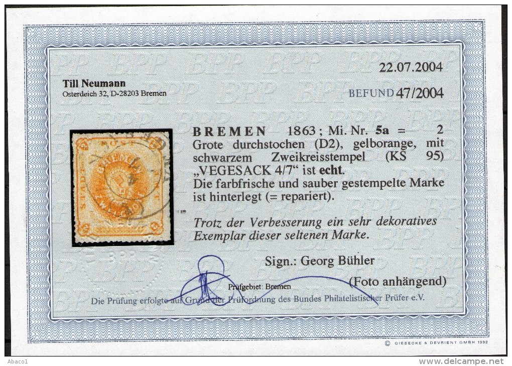 Vegesack 4/7 Auf 2 Grote Orange - Bremen Nr.5a - Pracht - Geprüft BPP - Brême