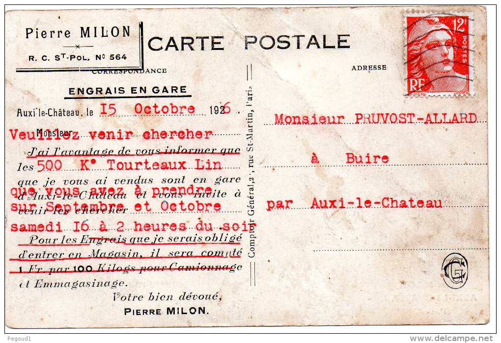 CARTE POSTALE ANCIENNE. AUXI-LE-CHATEAU. MAGASIN MILON. 1926. - Auxi Le Chateau