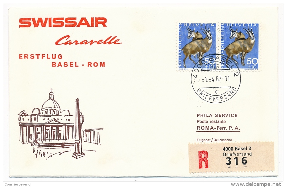 Suisse / Vatican - Premier Vol Caravelle Swissair - Bâle / Rome - 1/4/1967 - 2 Enveloppes - Premiers Vols