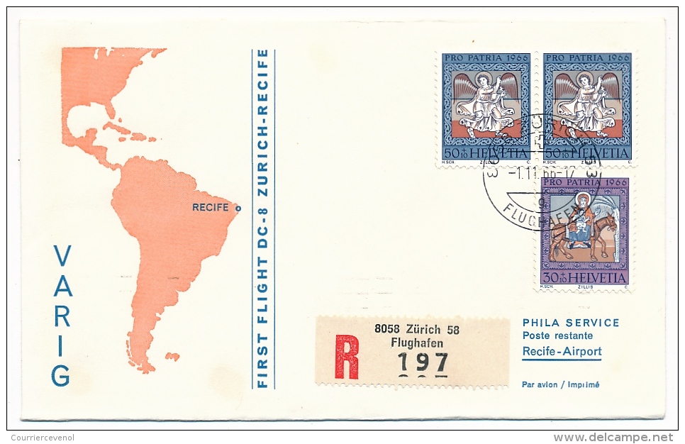 Suisse / Liechtenstein - Premier Vol DC 8 VARIG - Zürich / Recife - 1/11/1966 - 2 Enveloppes - Primi Voli