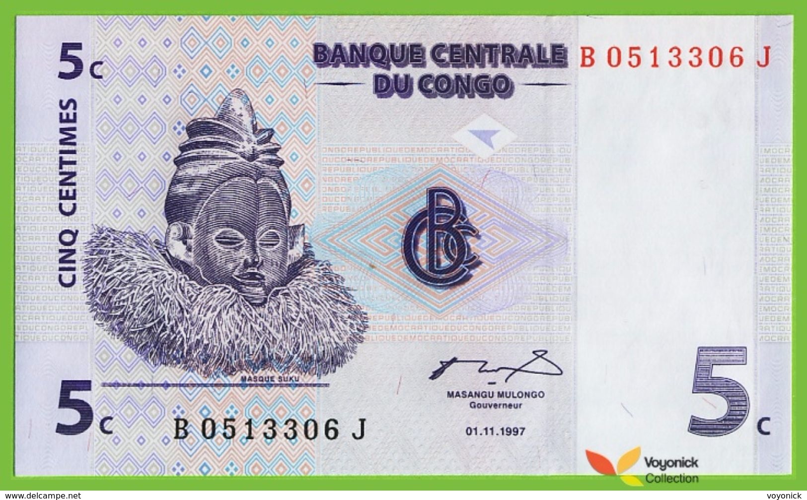 Voyo CONGO 5 Centimes 1997 P81a  B302a Prefix B Surfix J UNC Instruments - Republic Of Congo (Congo-Brazzaville)