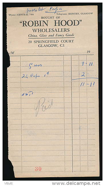 Facture : "Robin Hood", China, Glass And Fancy Goods, Springfiled Court, Glasgow, Ecosse, Porcelaine, Verre De Luxe... - Royaume-Uni