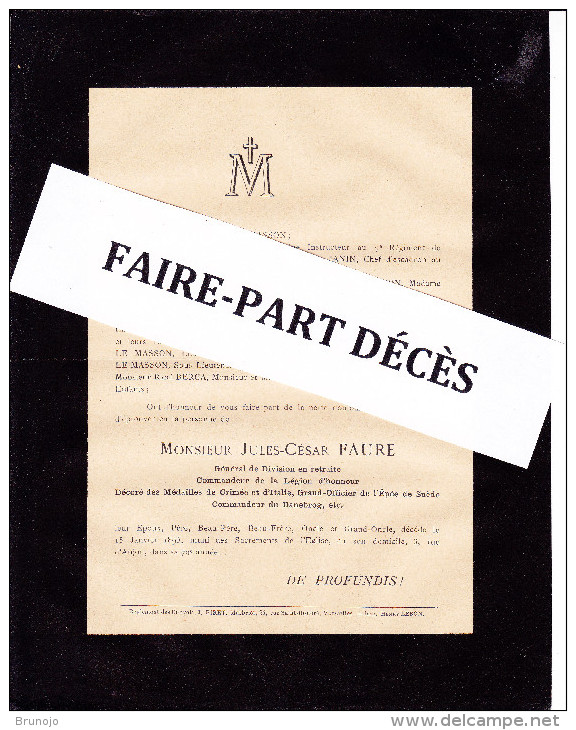 Faire-part Décès M. Jules César FAURE, Général De Division En Retraite, 1895 - Décès